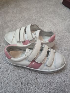 Prada Kids White Sneakers with Pink Accents Size 30 US 12 In Girls Shoe Size